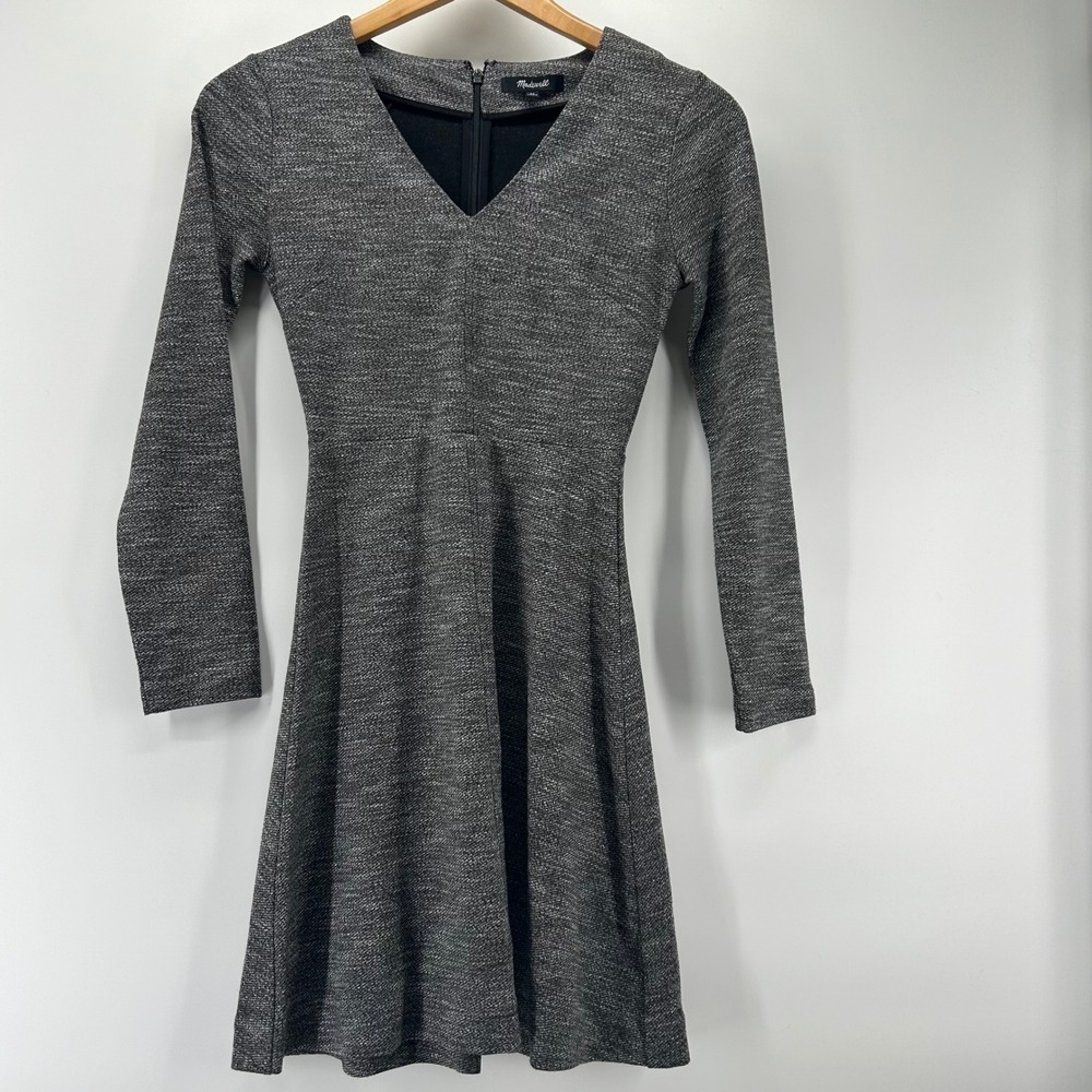 Madewell Dress Womens 00 Gray Textured Knit Long Sleeve Fit & Flare Mini V-Neck